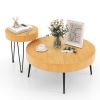 Set of 2 Boho Round Coffee Table with Solid Pine Wood Top and Metal Legs