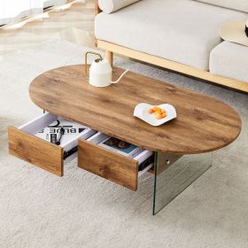 Coffee table with double drawers. The board surface is MDF sticker, and both sides are transparent tempered glass. The design is simple and elegant