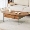 Coffee table with double drawers. The board surface is MDF sticker, and both sides are transparent tempered glass. The design is simple and elegant