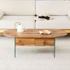 Coffee table with double drawers. The board surface is MDF sticker, and both sides are transparent tempered glass. The design is simple and elegant