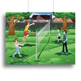 Family playing badminton in the backyard Canvas Print or Poster (Type: Poster Print, size: Small (12" x 8"))